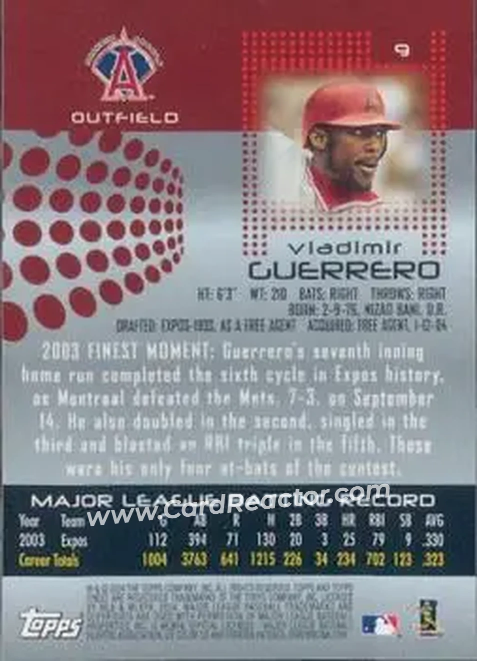 2004 Finest #9 - Vladimir Guerrero - Anaheim Angels - Back