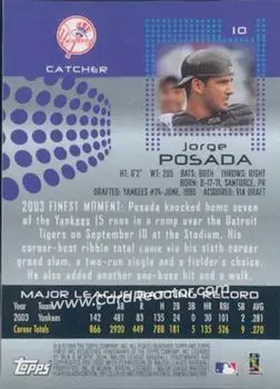 2004 Finest #10 - Jorge Posada - New York Yankees - Back 2004 Finest #10 - Jorge Posada - New York Yankees - Back