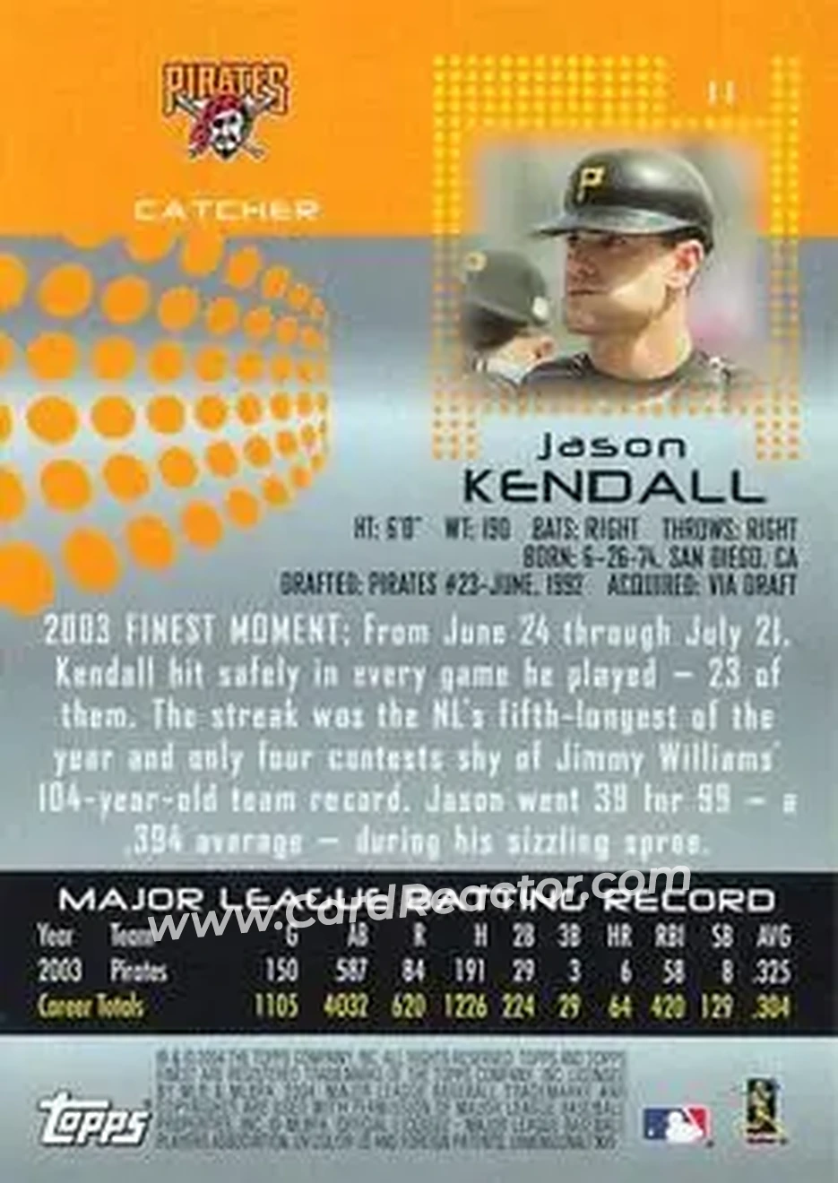 2004 Finest #11 - Jason Kendall - Pittsburgh Pirates - Back