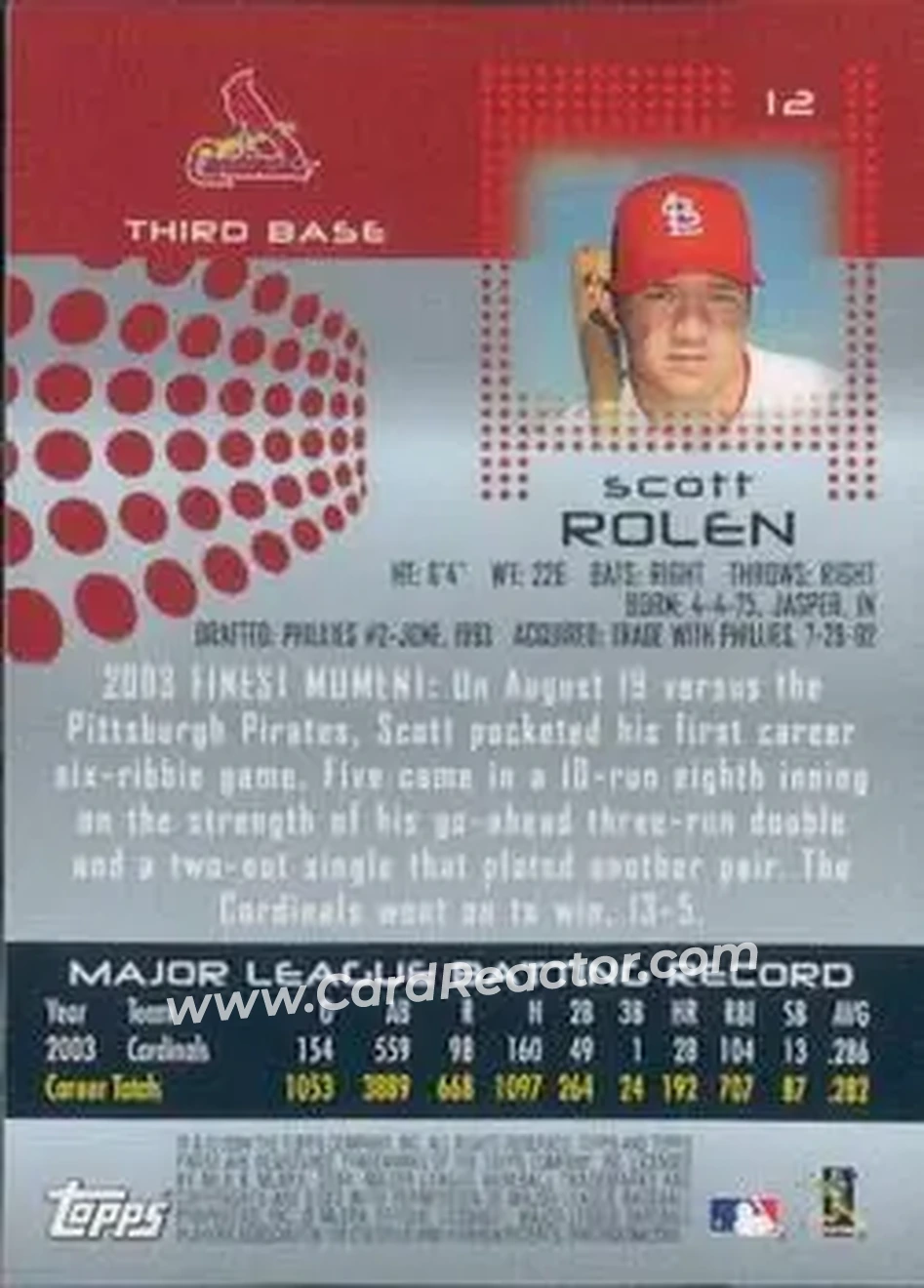 2004 Finest #12 - Scott Rolen - St. Louis Cardinals - Back