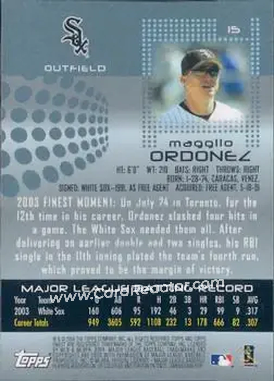 2004 Finest #15 - Magglio Ordonez - Chicago White Sox - Back