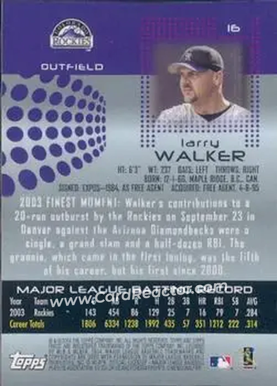 2004 Finest #16 - Larry Walker - Colorado Rockies - Back
