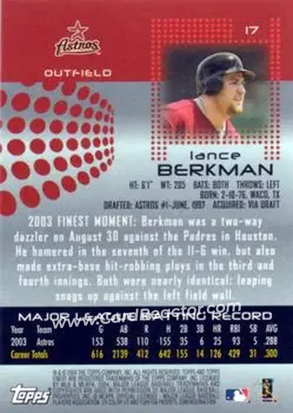 2004 Finest #17 - Lance Berkman - Houston Astros - Back