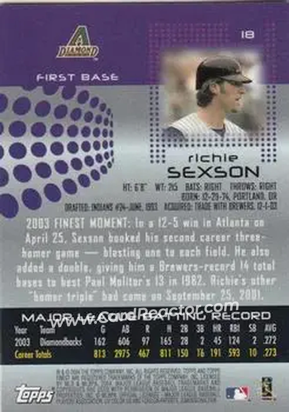 2004 Finest #18 - Richie Sexson - Arizona Diamondbacks - Back