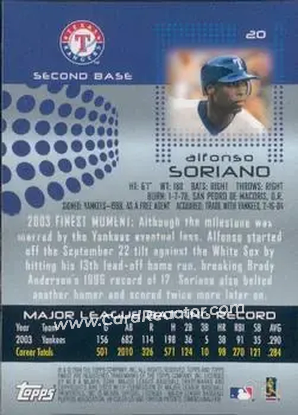 2004 Finest #20 - Alfonso Soriano - Texas Rangers - Back