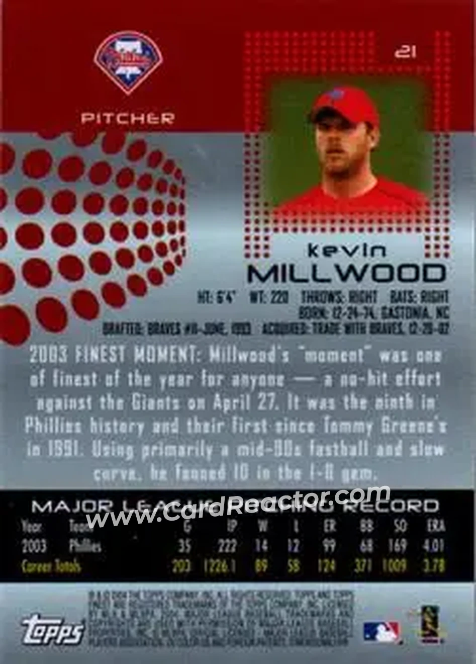 2004 Finest #21 - Kevin Millwood - Philadelphia Phillies - Back