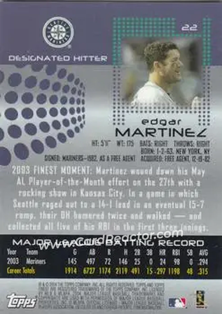 2004 Finest #22 - Edgar Martinez - Seattle Mariners - Back