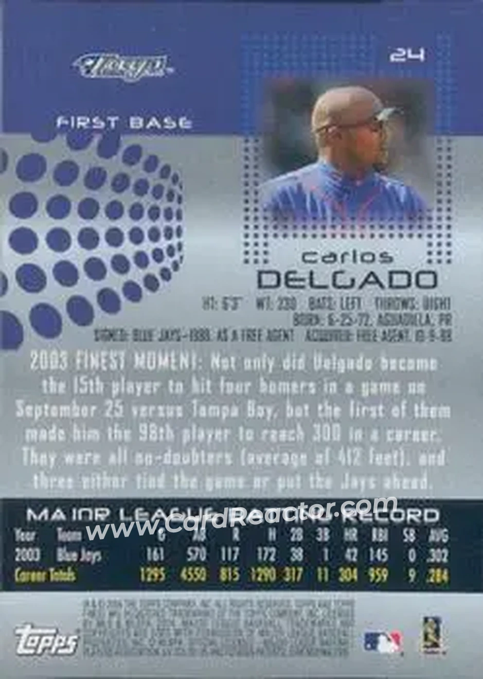 2004 Finest #24 - Carlos Delgado - Toronto Blue Jays - Back 2004 Finest #24 - Carlos Delgado - Toronto Blue Jays - Back