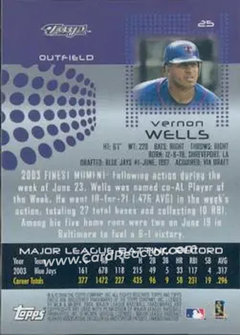2004 Finest #25 - Vernon Wells - Toronto Blue Jays - Back