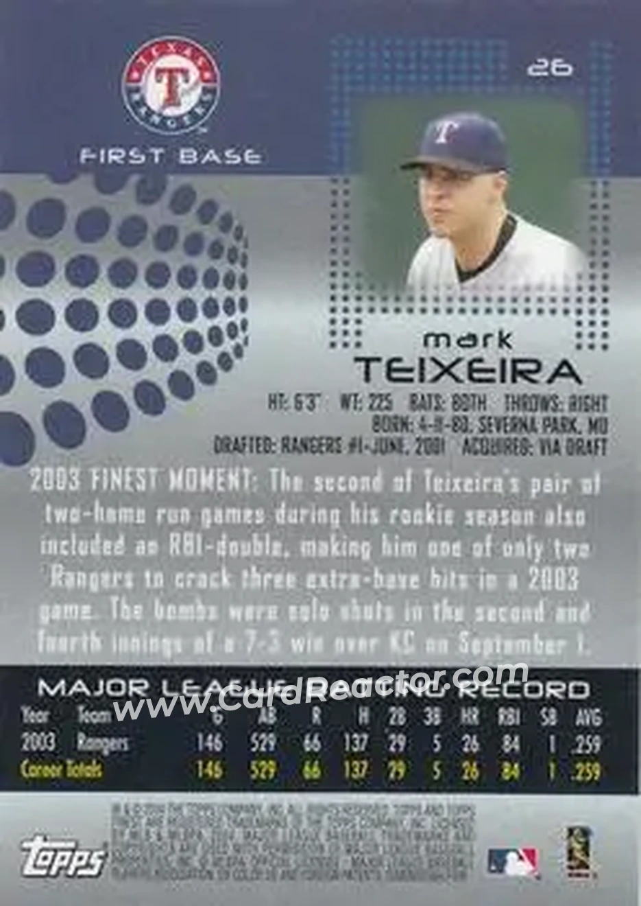 2004 Finest #26 - Mark Teixeira - Texas Rangers - Back 2004 Finest #26 - Mark Teixeira - Texas Rangers - Back