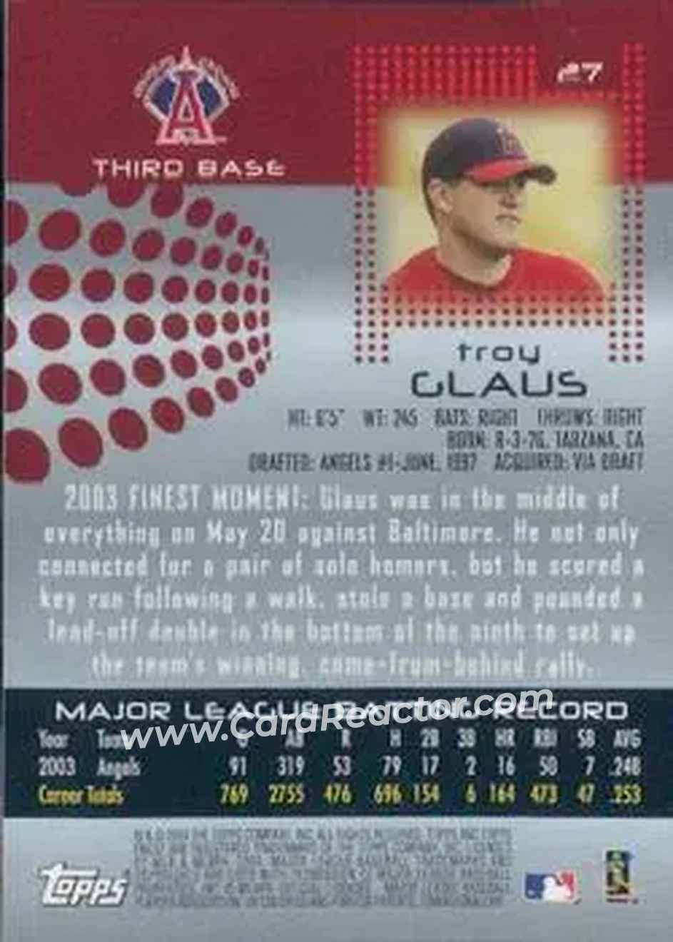 2004 Finest #27 - Troy Glaus - Anaheim Angels - Back