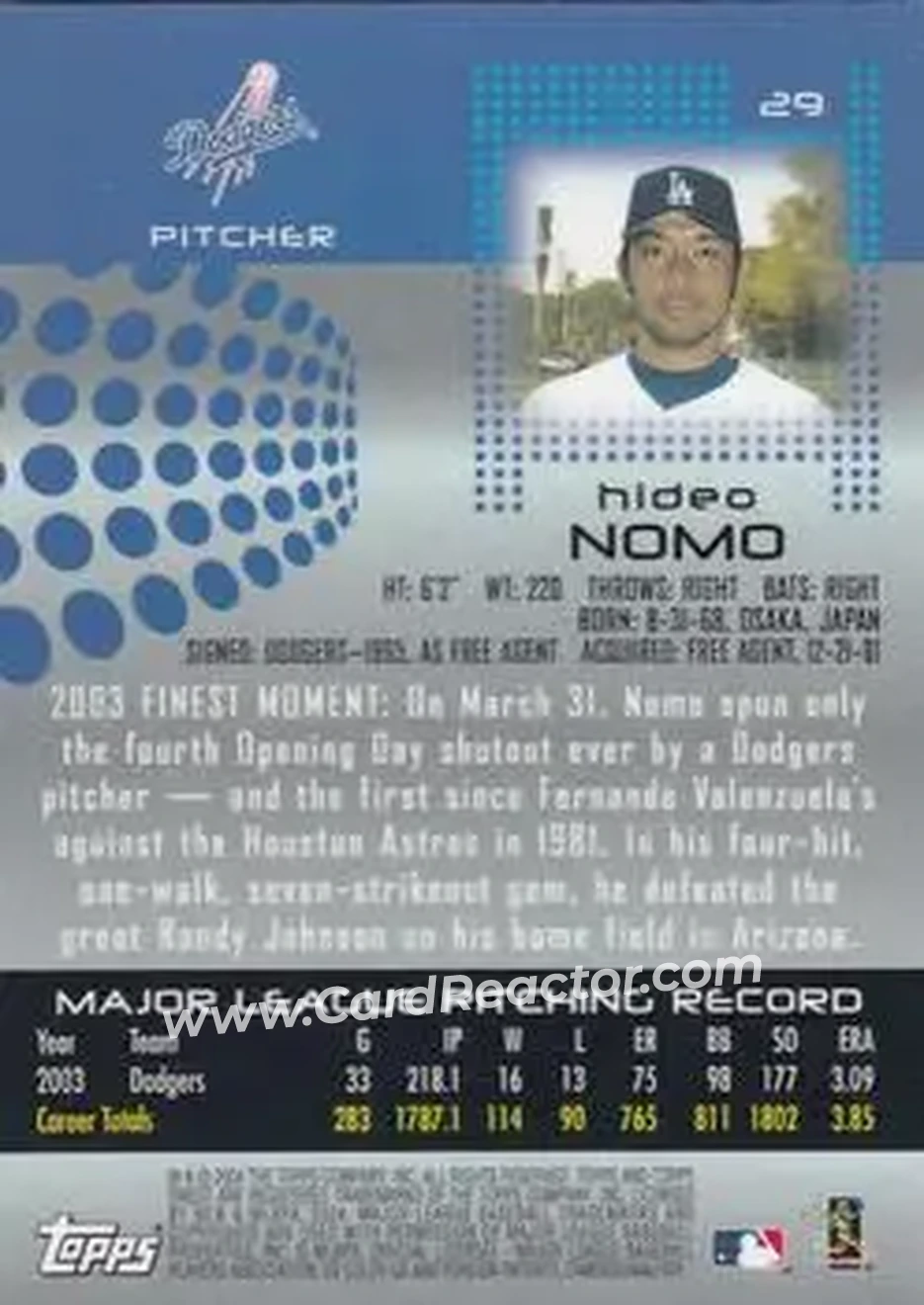 2004 Finest #29 - Hideo Nomo - Los Angeles Dodgers - Back