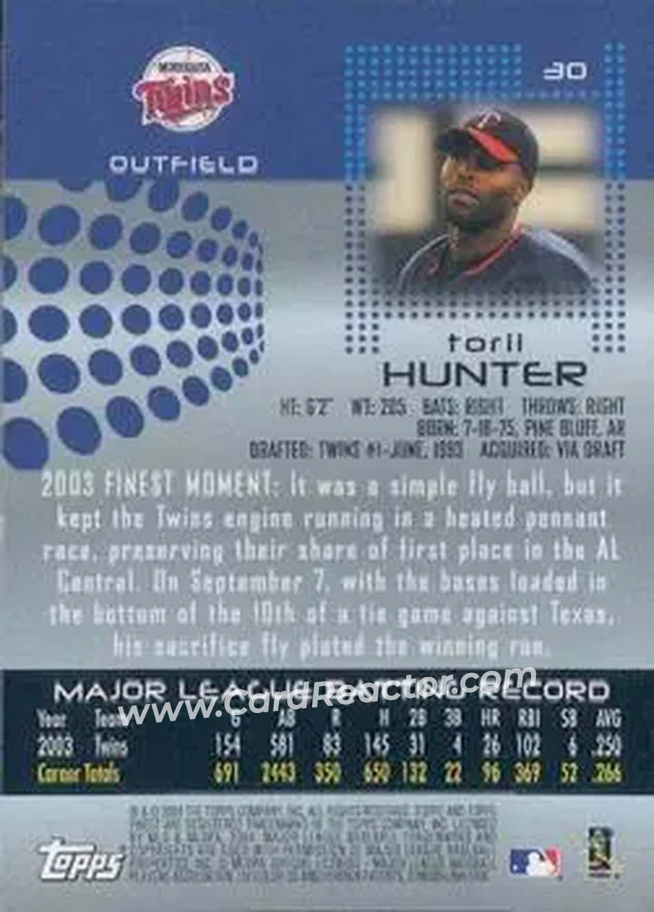 2004 Finest #30 - Torii Hunter - Minnesota Twins - Back