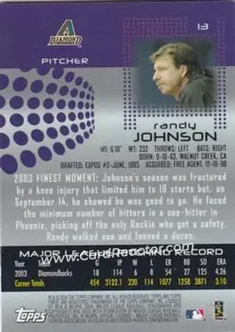 2004 Finest #13 - Randy Johnson - Arizona Diamondbacks - Back