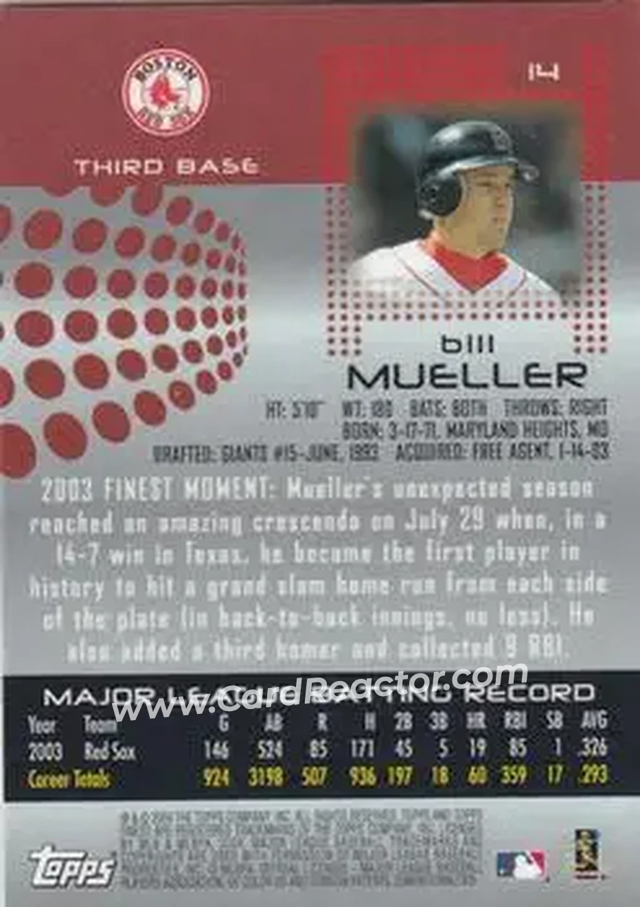 2004 Finest #14 - Bill Mueller - Boston Red Sox - Back 2004 Finest #14 - Bill Mueller - Boston Red Sox - Back