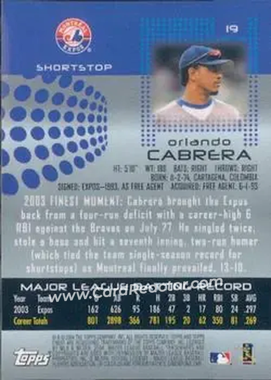 2004 Finest #19 - Orlando Cabrera - Montreal Expos - Back