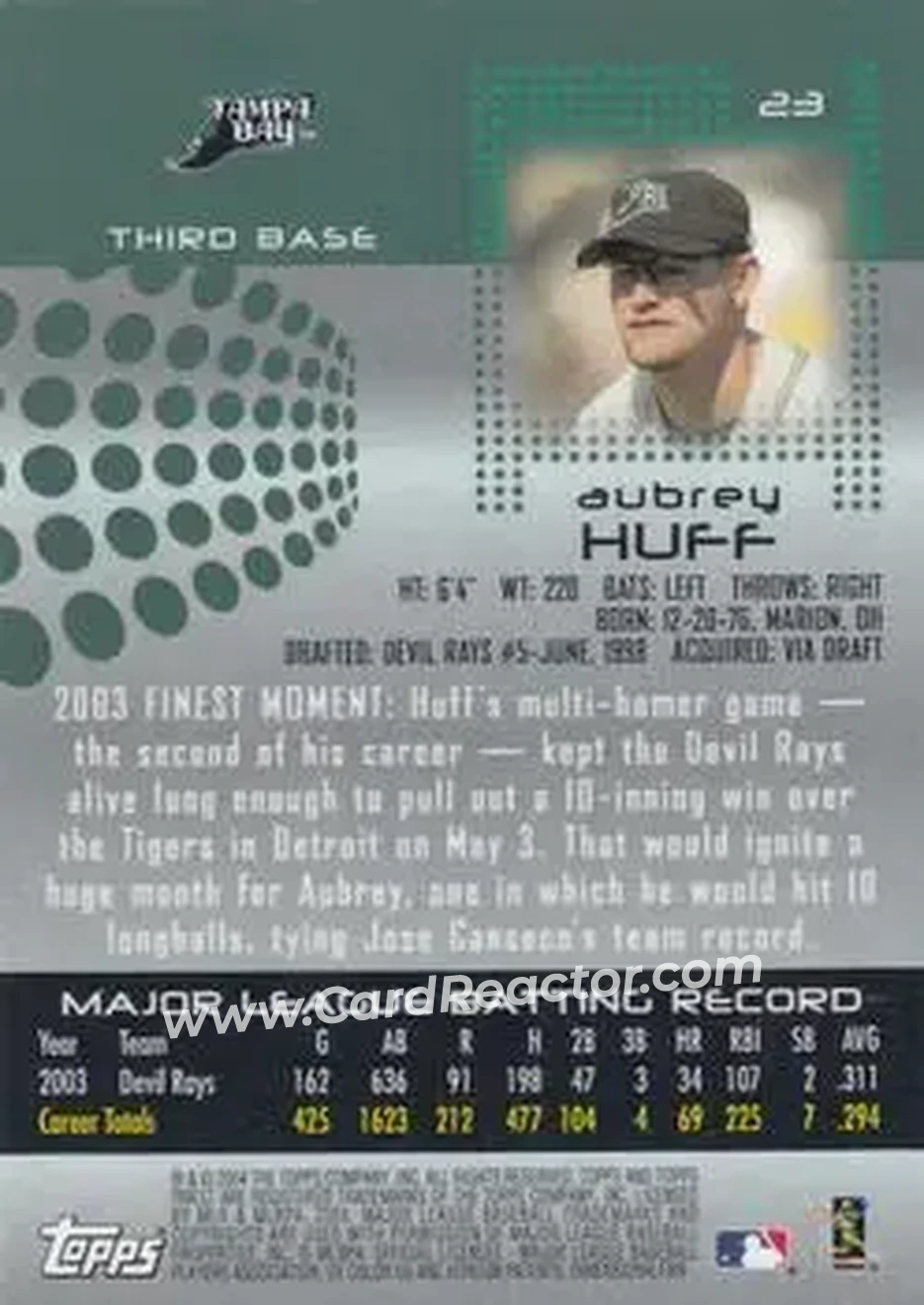 2004 Finest #23 - Aubrey Huff - Tampa Bay Devil Rays - Back