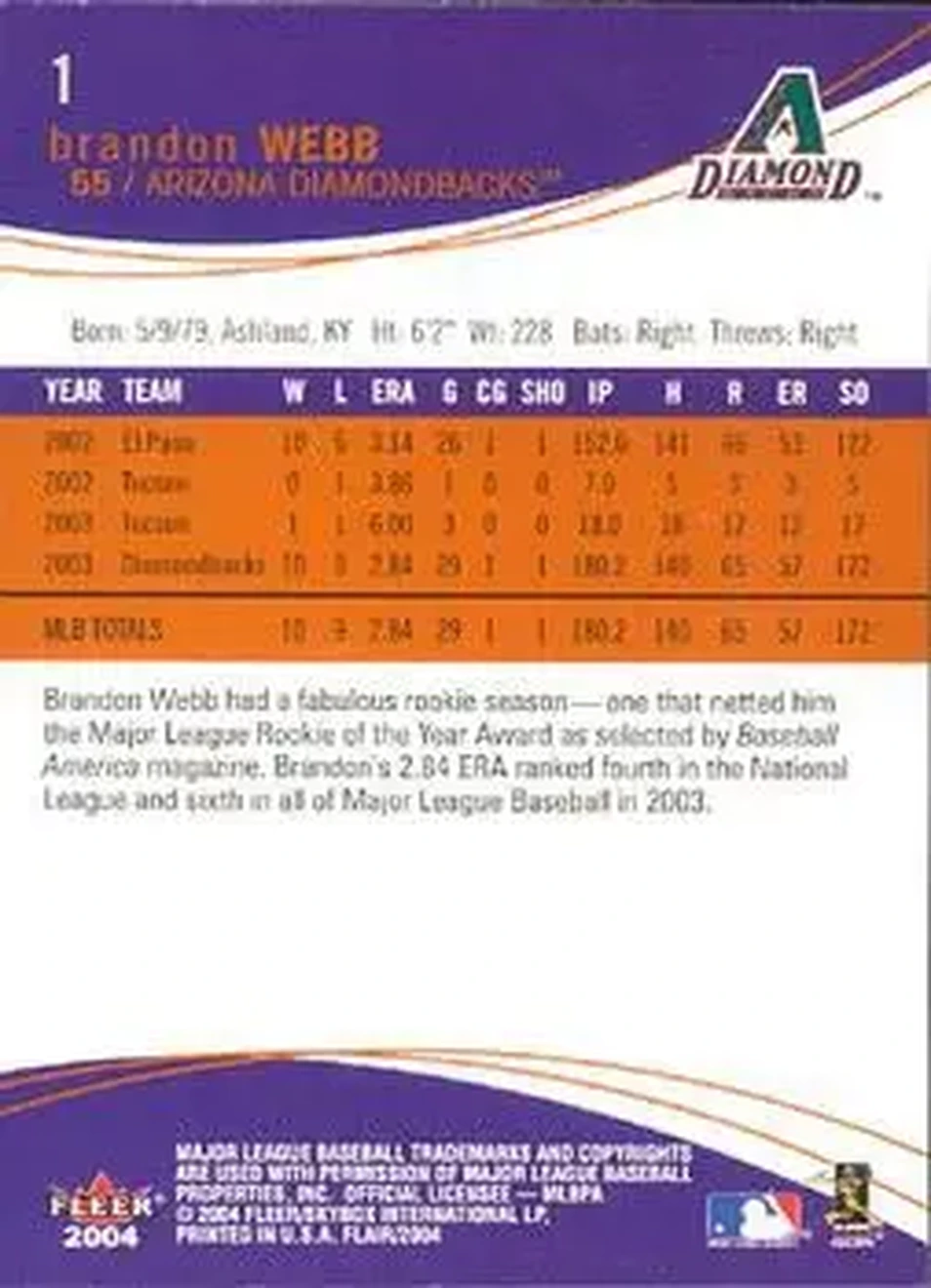 2004 Flair #1 - Brandon Webb - Arizona Diamondbacks - Back