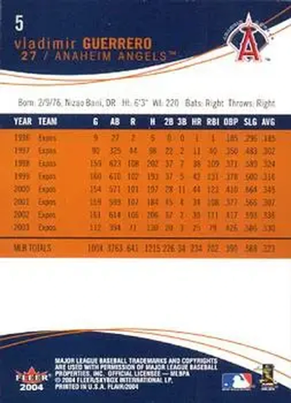 2004 Flair #5 - Vladimir Guerrero - Anaheim Angels - Back