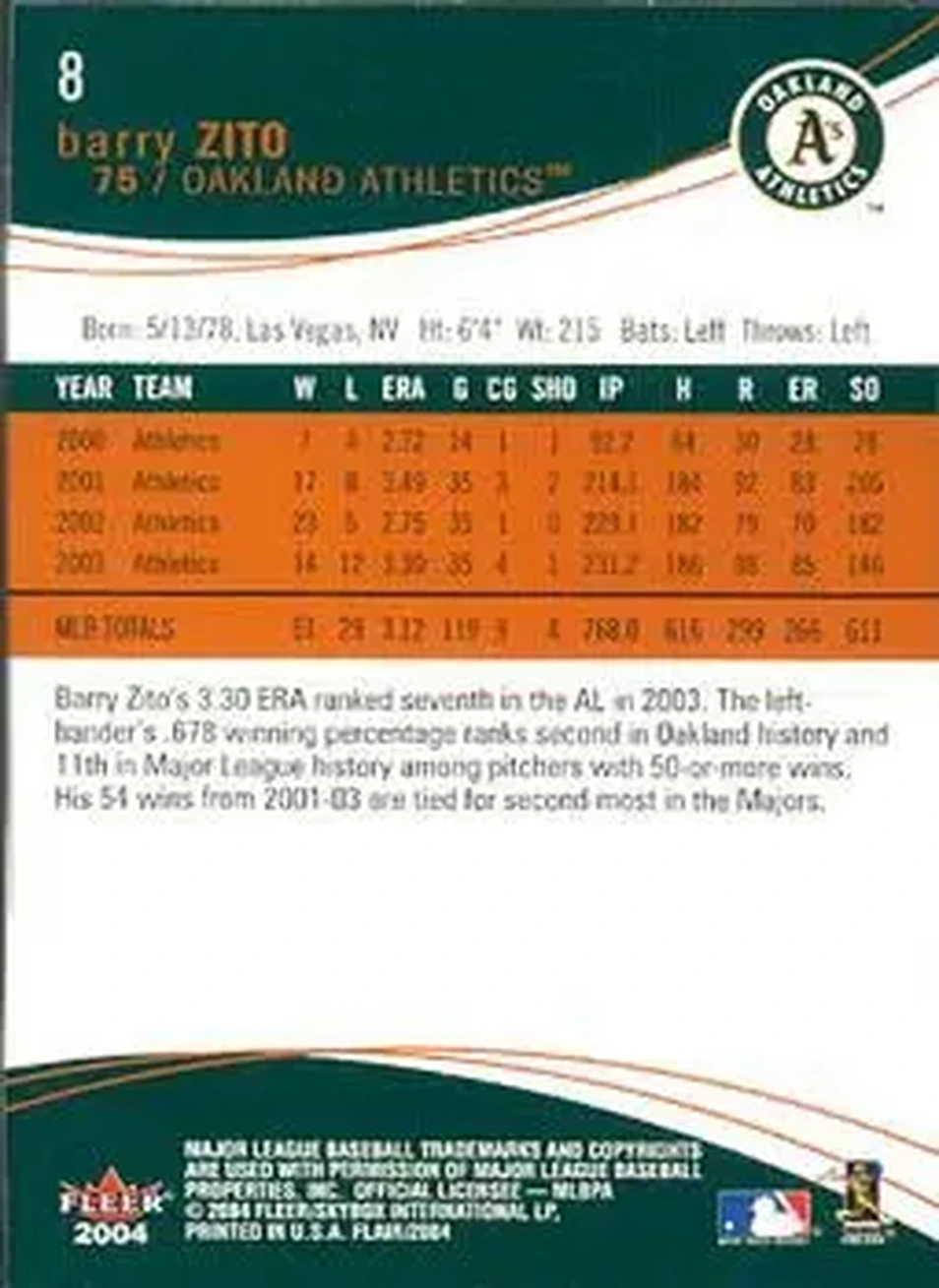2004 Flair #8 - Barry Zito - Oakland Athletics - Back