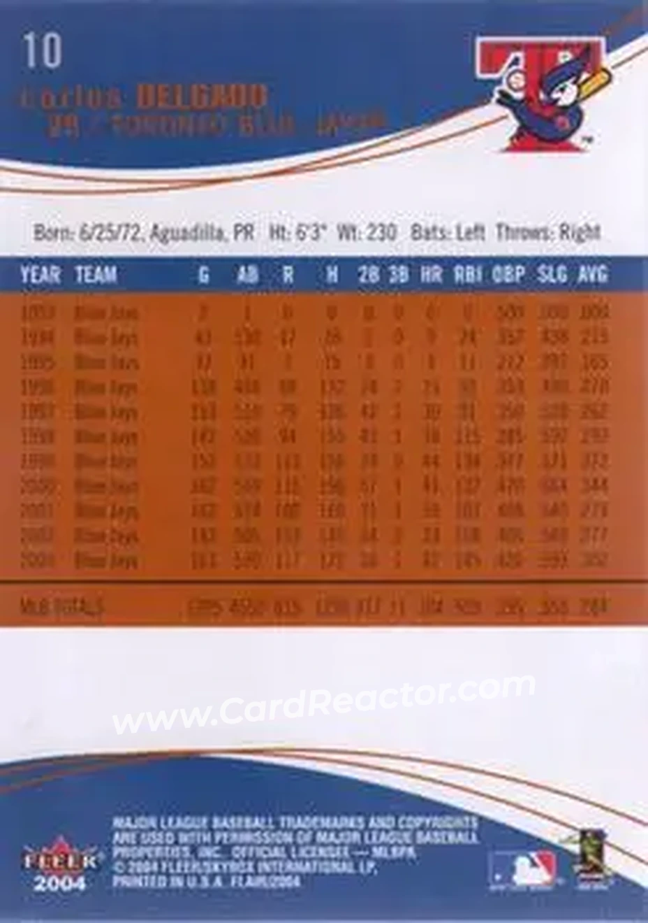 2004 Flair #10 - Carlos Delgado - Toronto Blue Jays - Back 2004 Flair #10 - Carlos Delgado - Toronto Blue Jays - Back