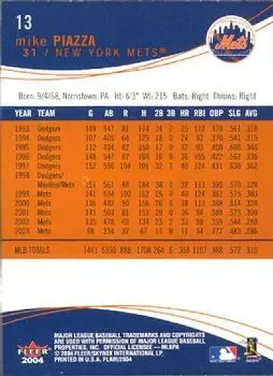 2004 Flair #13 - Mike Piazza - New York Mets - Back