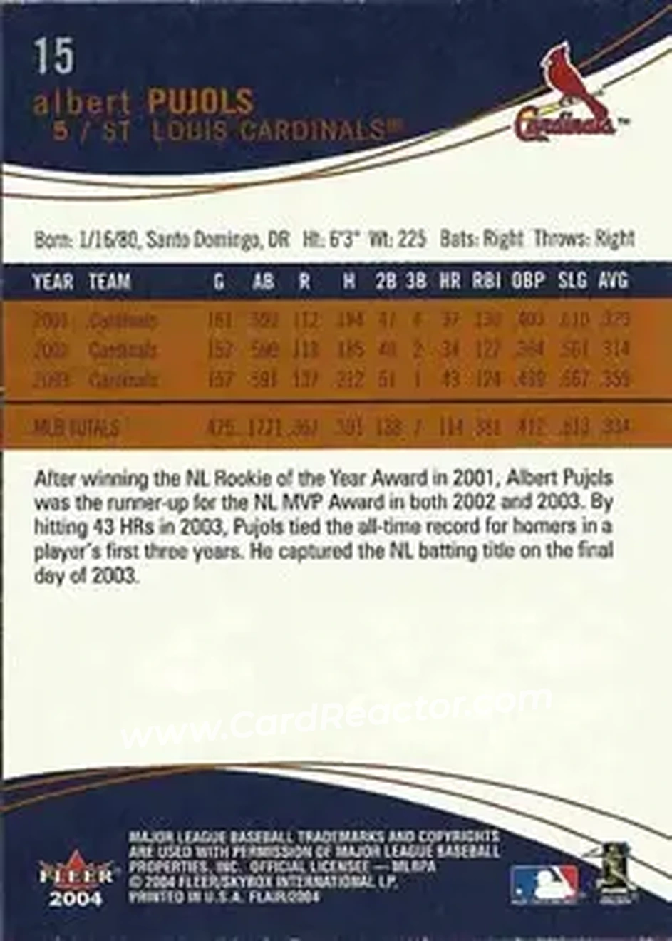 2004 Flair #15 - Albert Pujols - St. Louis Cardinals - Back