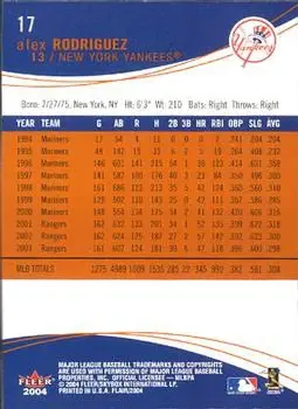 2004 Flair #17 - Alex Rodriguez - New York Yankees - Back