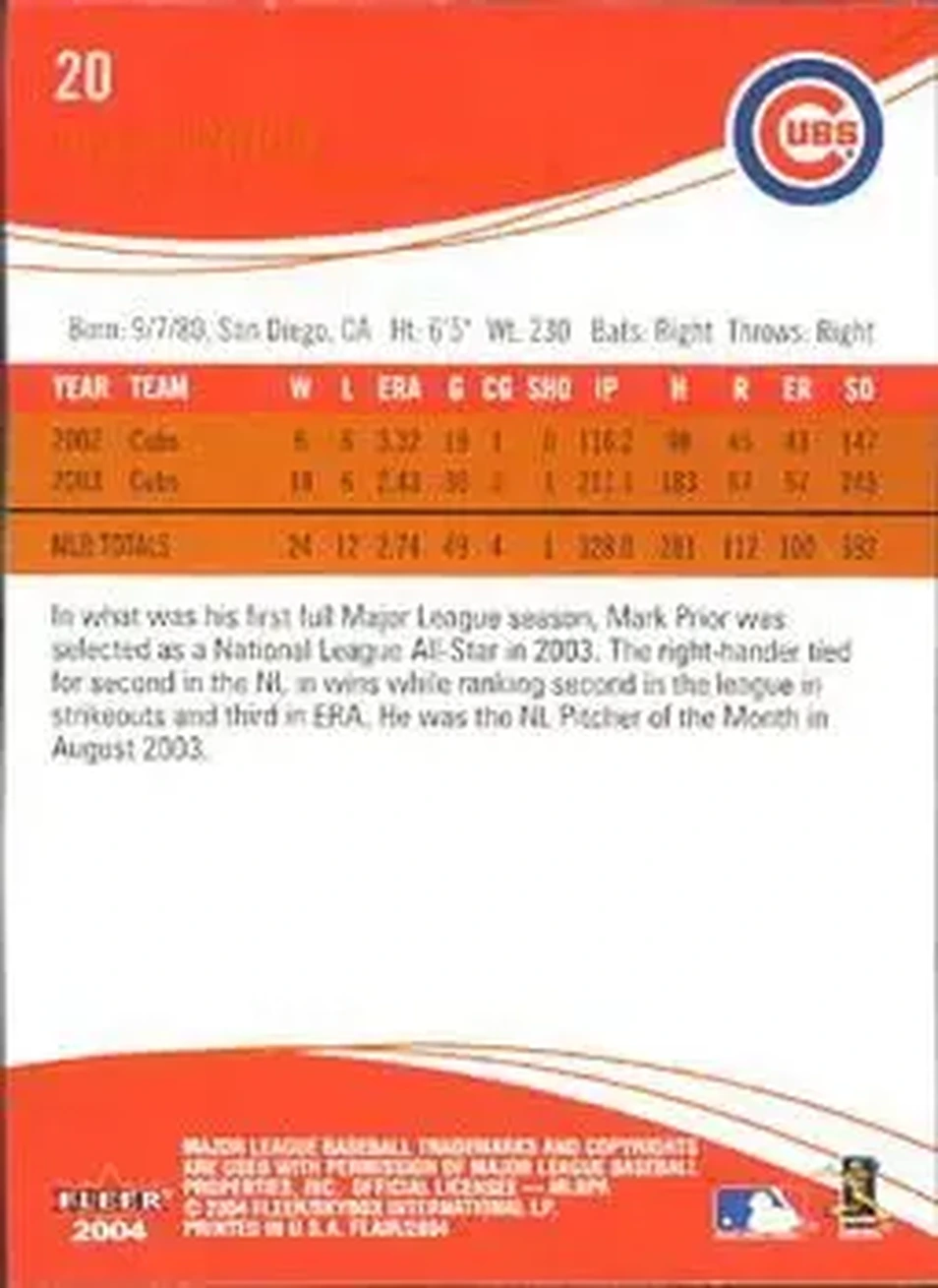 2004 Flair #20 - Mark Prior - Chicago Cubs - Back 2004 Flair #20 - Mark Prior - Chicago Cubs - Back