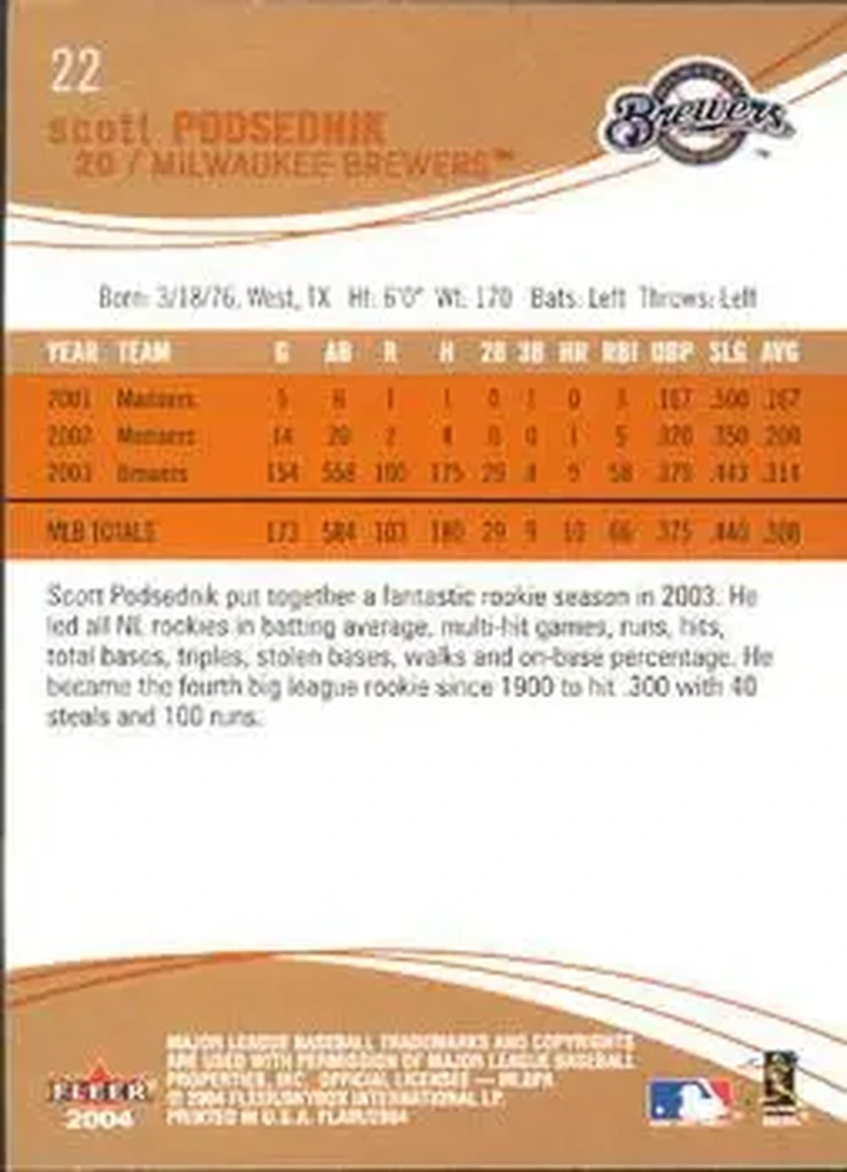 2004 Flair #22 - Scott Podsednik - Milwaukee Brewers - Back