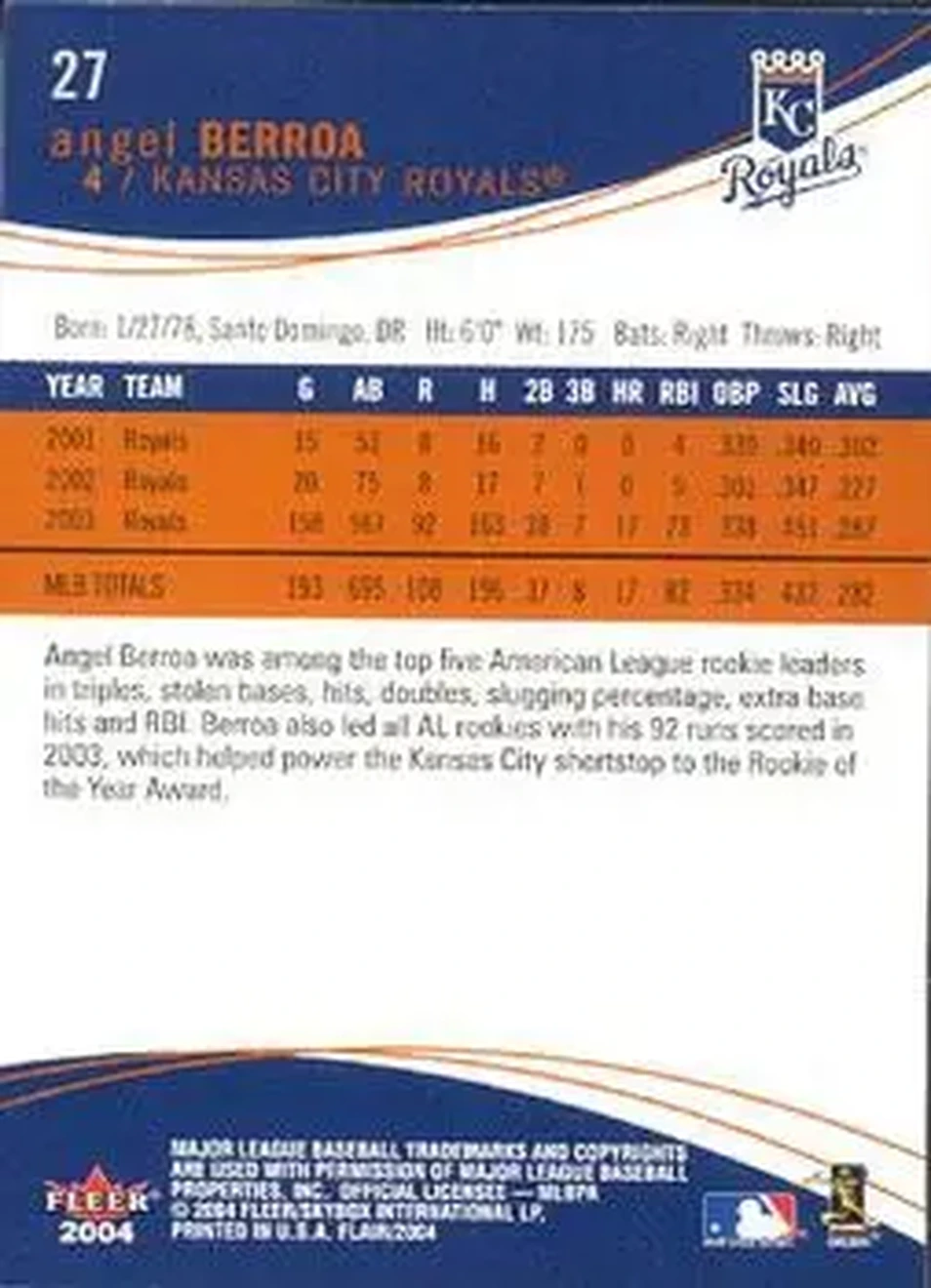 2004 Flair #27 - Angel Berroa - Kansas City Royals - Back 2004 Flair #27 - Angel Berroa - Kansas City Royals - Back