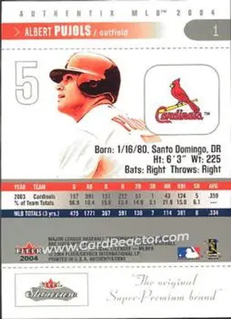 2004 Fleer Authentix #1 - Albert Pujols - St. Louis Cardinals - Back 2004 Fleer Authentix #1 - Albert Pujols - St. Louis Cardinals - Back