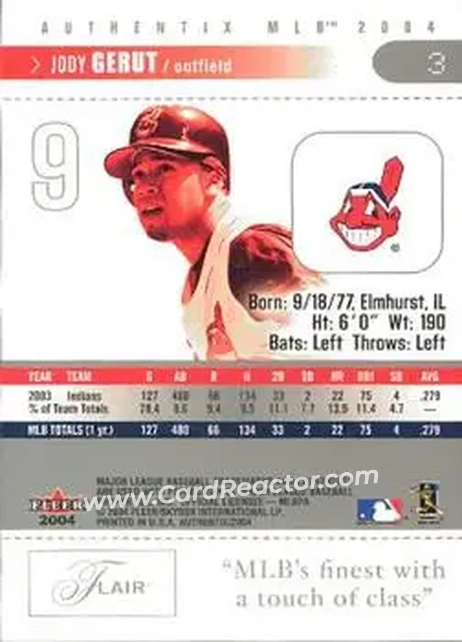 2004 Fleer Authentix #3 - Jody Gerut - Cleveland Indians - Back