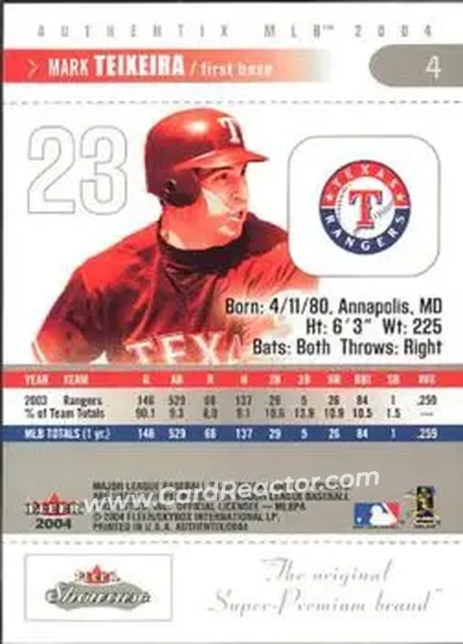 2004 Fleer Authentix #4 - Mark Teixeira - Texas Rangers - Back