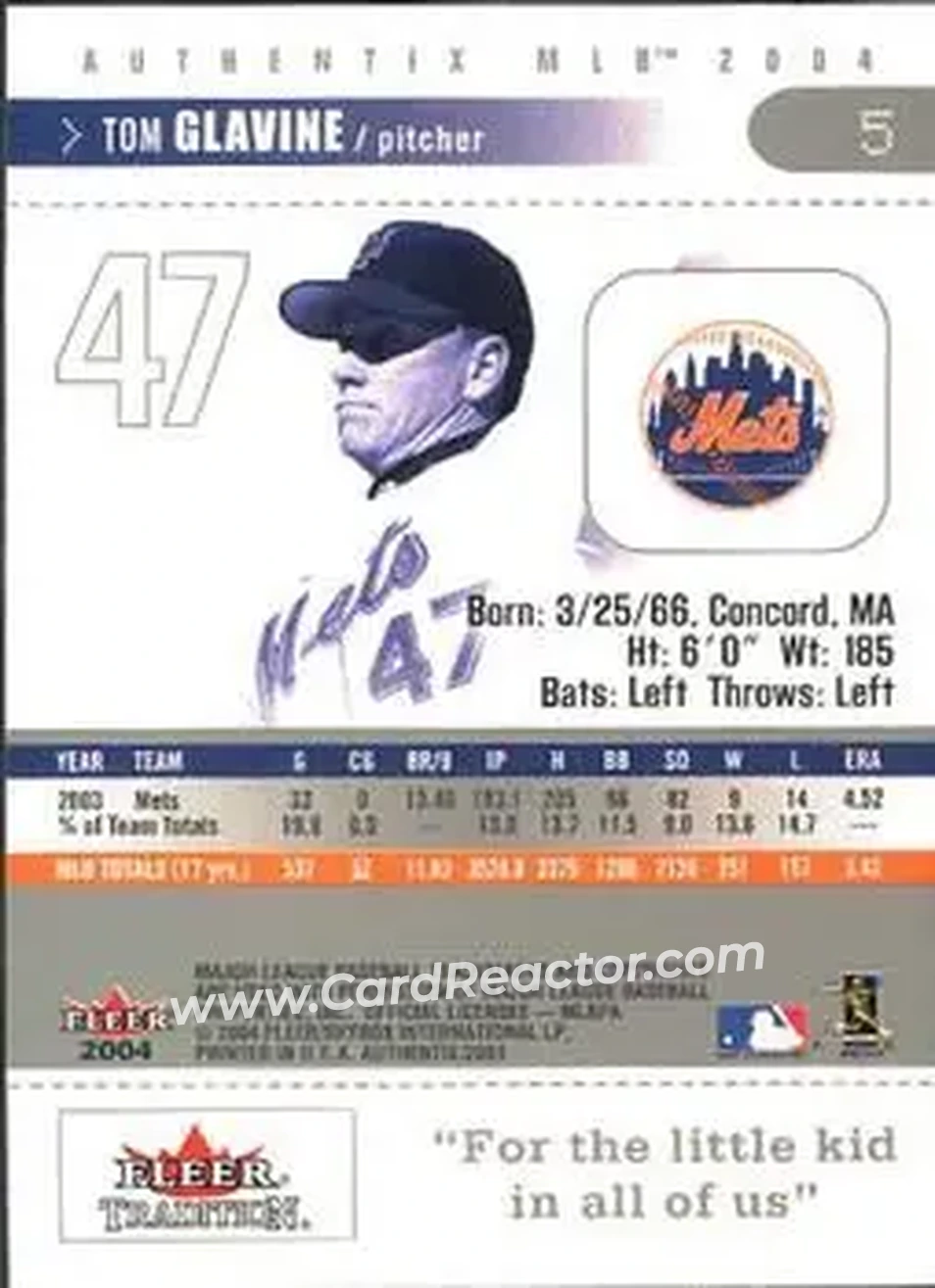 2004 Fleer Authentix #5 - Tom Glavine - New York Mets - Back