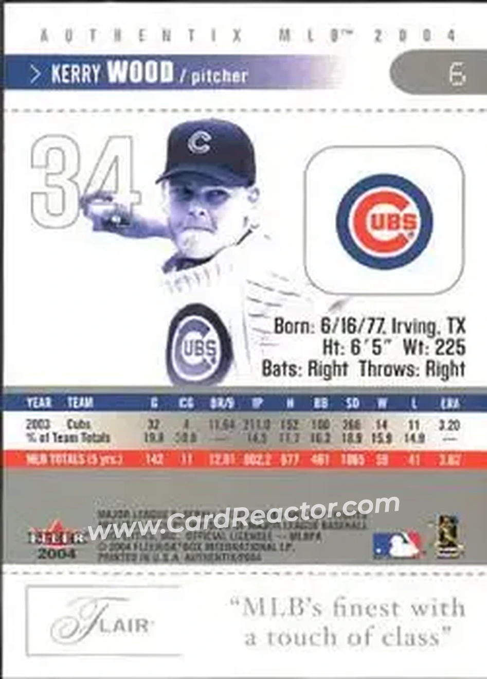 2004 Fleer Authentix #6 - Kerry Wood - Chicago Cubs - Back