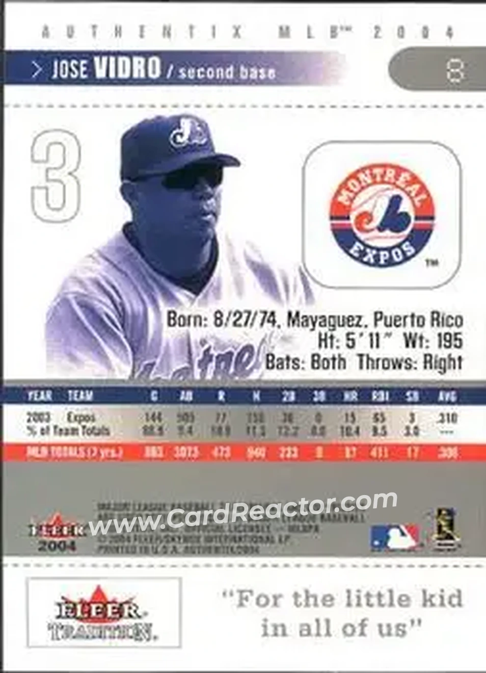 2004 Fleer Authentix #8 - Jose Vidro - Montreal Expos - Back