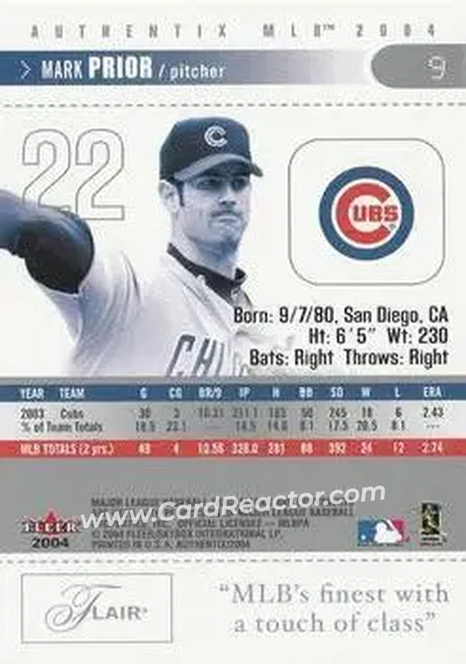2004 Fleer Authentix #9 - Mark Prior - Chicago Cubs - Back 2004 Fleer Authentix #9 - Mark Prior - Chicago Cubs - Back