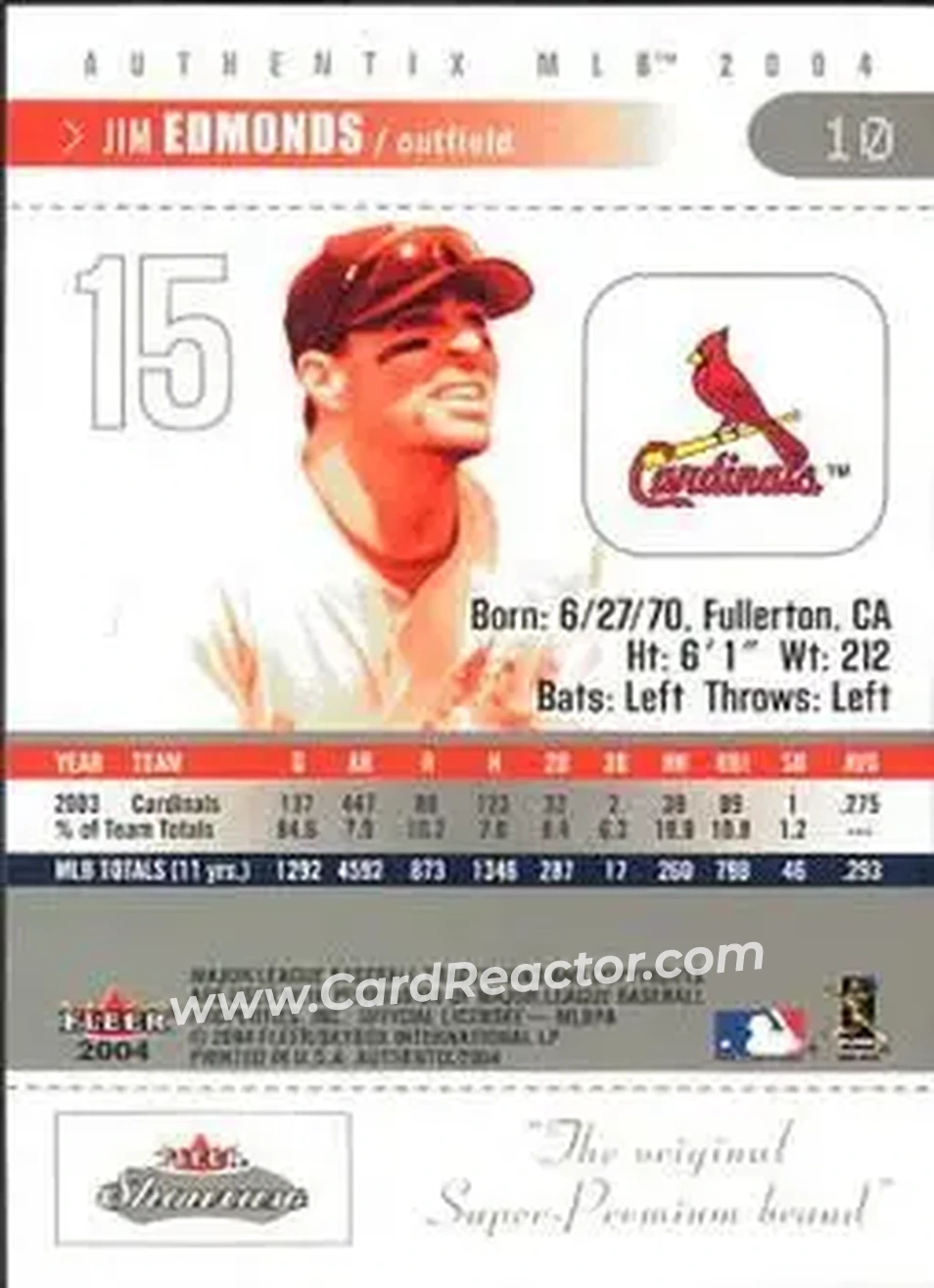 2004 Fleer Authentix #10 - Jim Edmonds - St. Louis Cardinals - Back