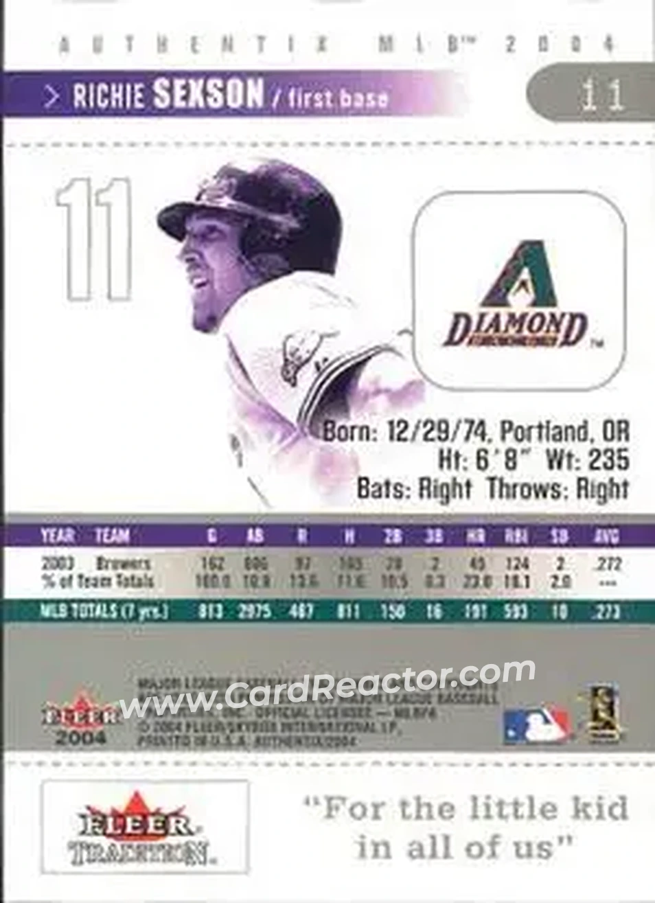 2004 Fleer Authentix #11 - Richie Sexson - Arizona Diamondbacks - Back