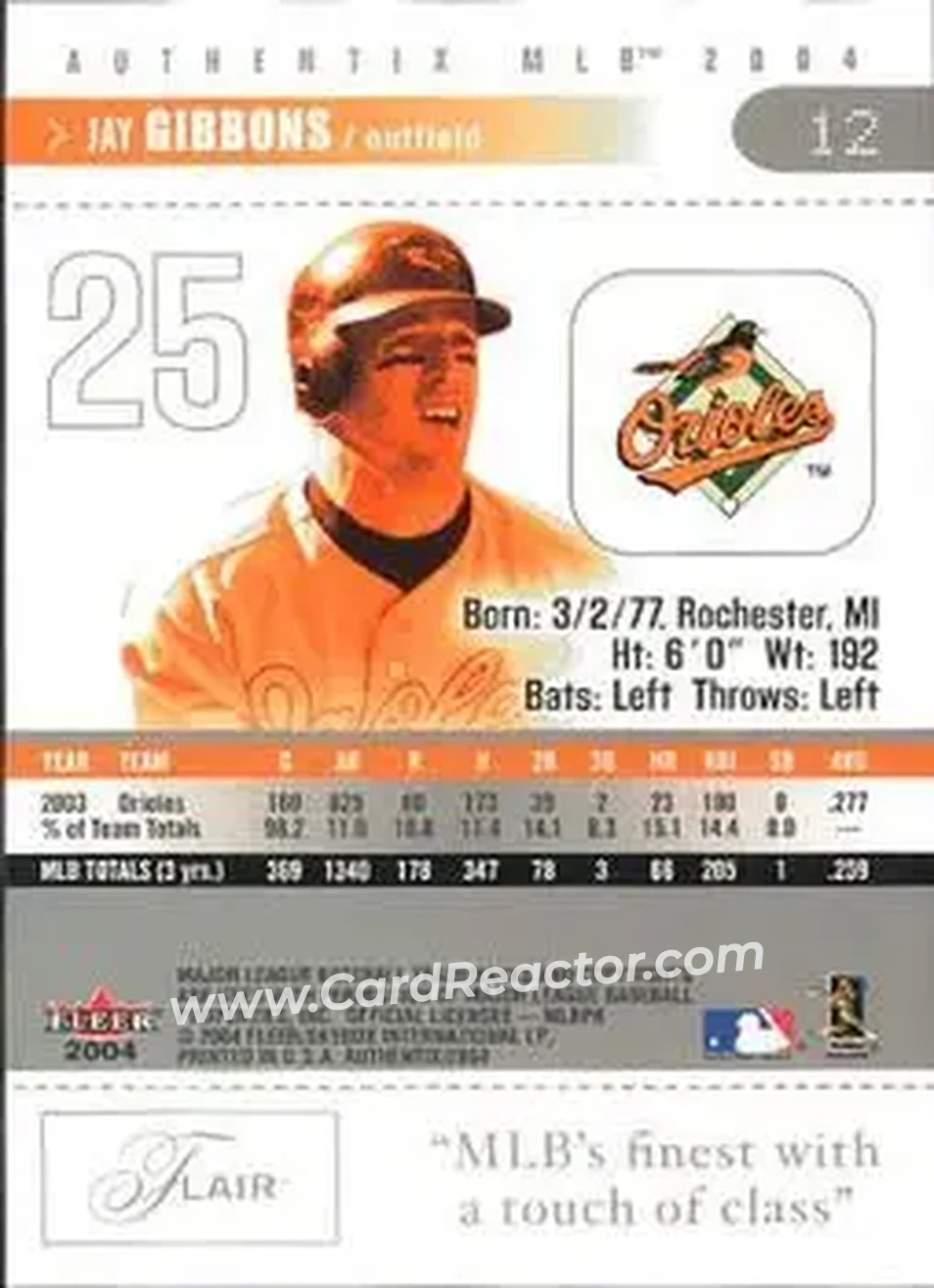 2004 Fleer Authentix #12 - Jay Gibbons - Baltimore Orioles - Back