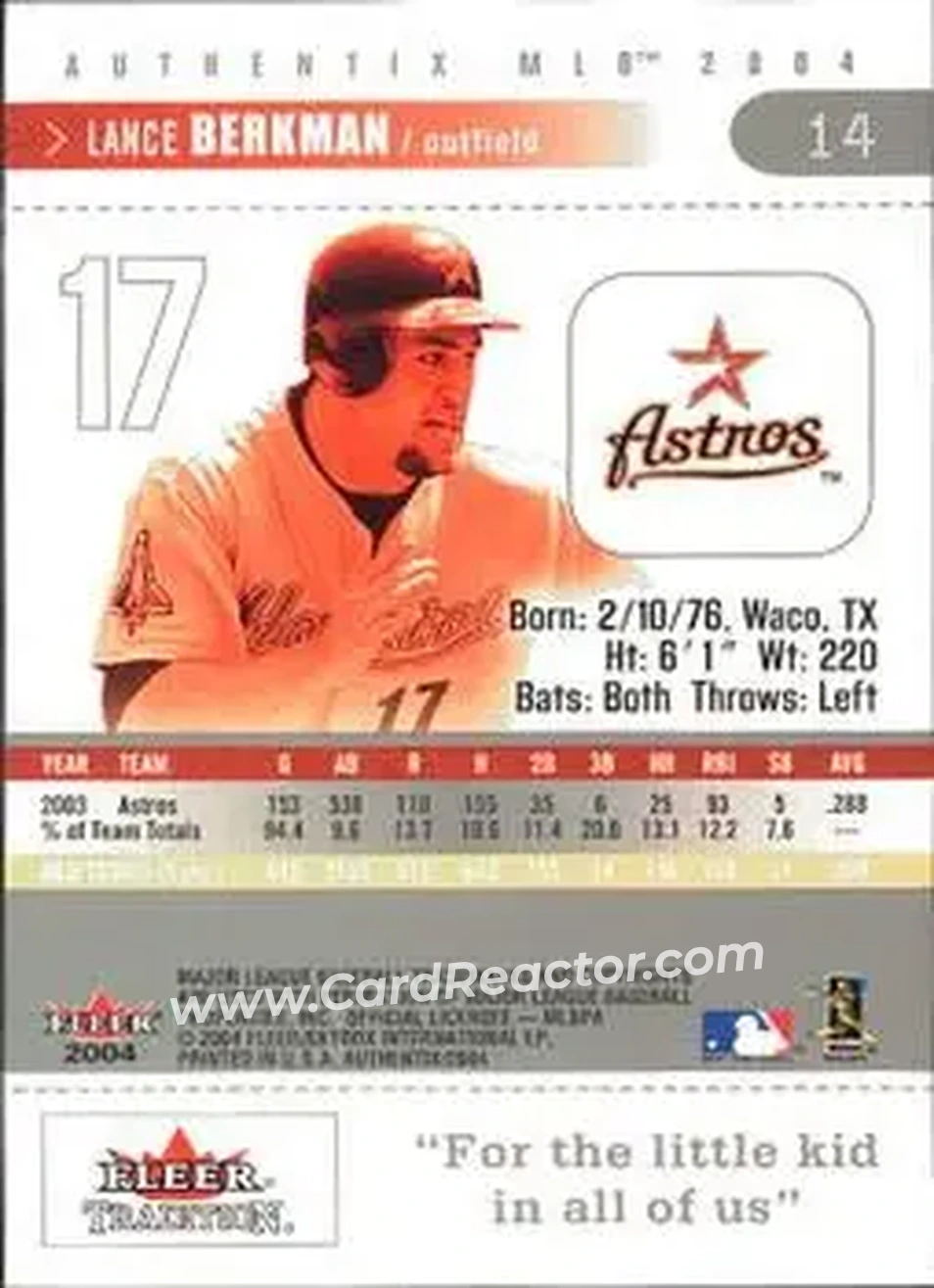 2004 Fleer Authentix #14 - Lance Berkman - Houston Astros - Back