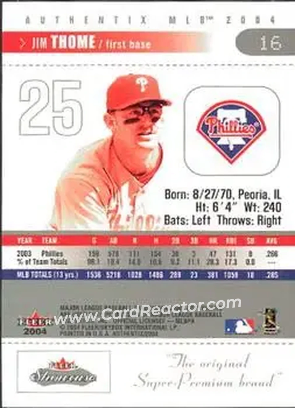 2004 Fleer Authentix #16 - Jim Thome - Philadelphia Phillies - Back
