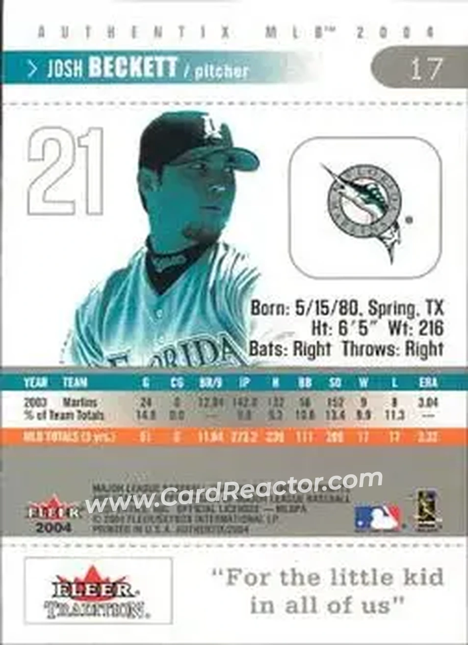 2004 Fleer Authentix #17 - Josh Beckett - Florida Marlins - Back