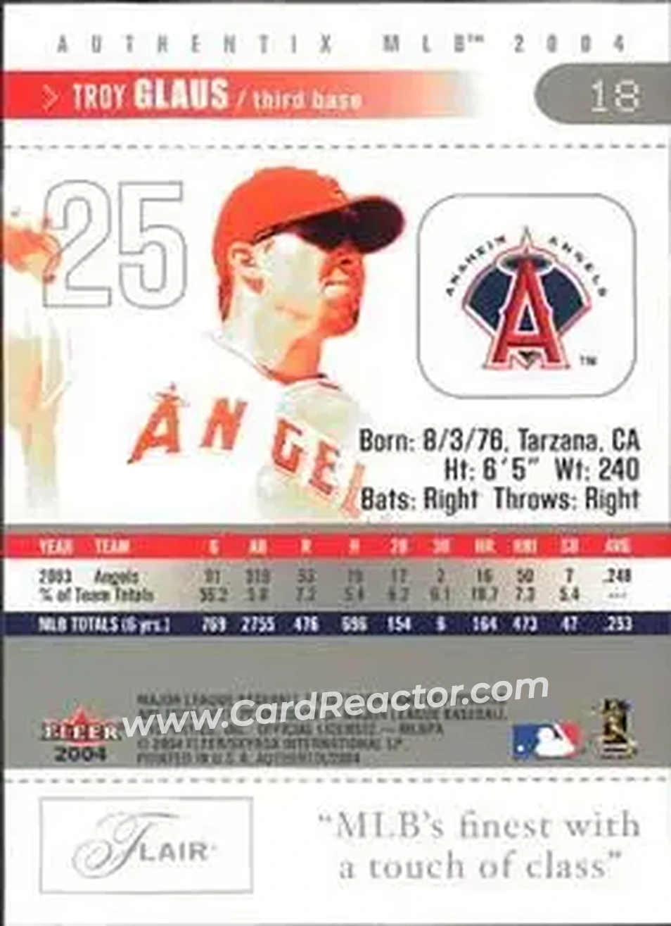 2004 Fleer Authentix #18 - Troy Glaus - Anaheim Angels - Back