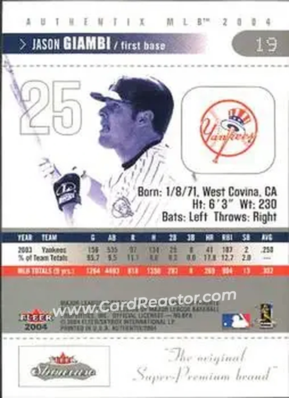 2004 Fleer Authentix #19 - Jason Giambi - New York Yankees - Back 2004 Fleer Authentix #19 - Jason Giambi - New York Yankees - Back