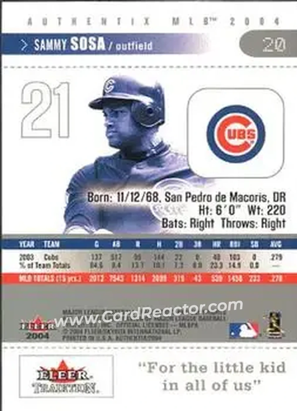 2004 Fleer Authentix #20 - Sammy Sosa - Chicago Cubs - Back