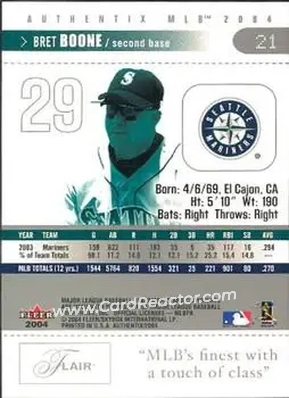 2004 Fleer Authentix #21 - Bret Boone - Seattle Mariners - Back