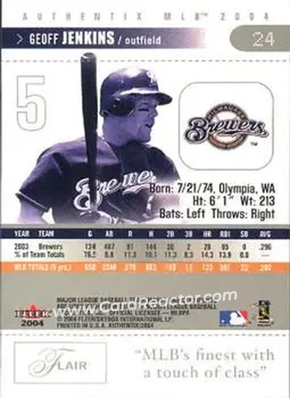 2004 Fleer Authentix #24 - Geoff Jenkins - Milwaukee Brewers - Back
