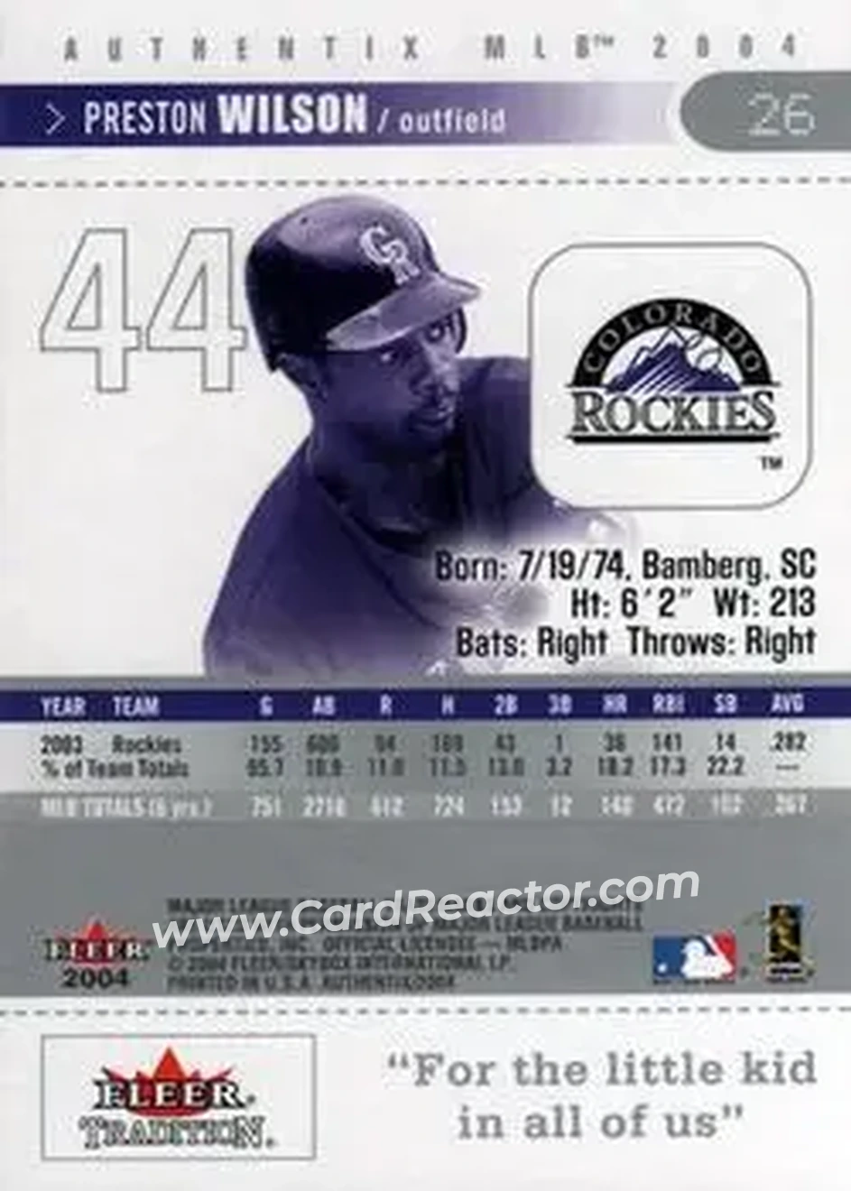 2004 Fleer Authentix #26 - Preston Wilson - Colorado Rockies - Back